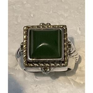 Vintage Flli Menegatti Italy Sterling Silver 18K Gold Nephrite Jade Ring Sz 6.25